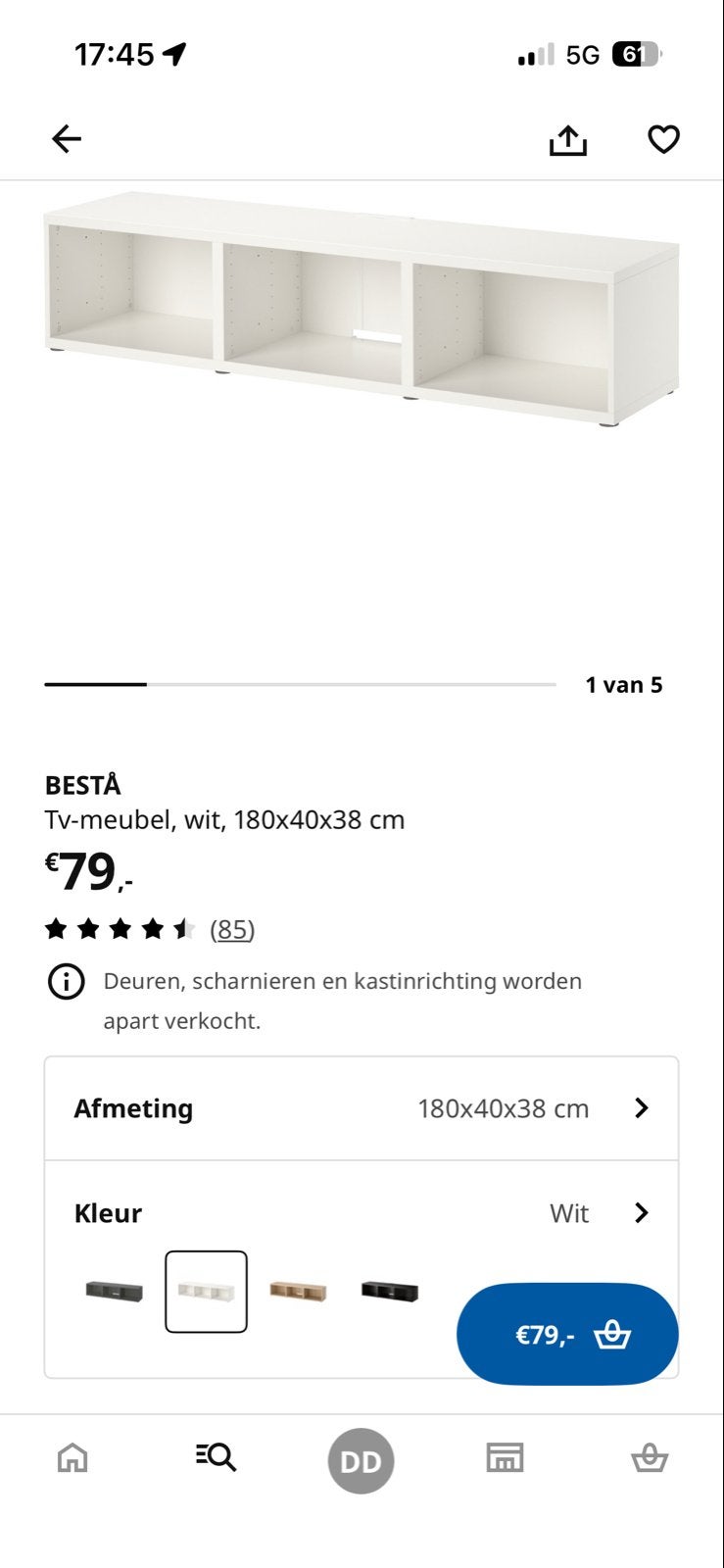 IKEA BESTÅ TV-meubel wit 180x40x38 cm + houten bovenblad, Huis en Inrichting, Kasten | Televisiemeubels, Ophalen, 150 tot 200 cm