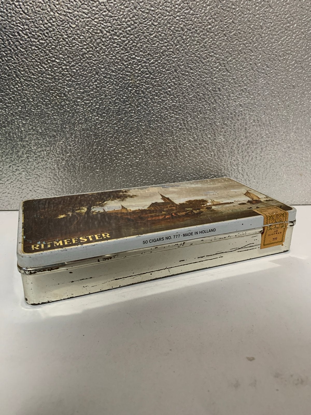 Vintage Ritmeester sigarenblik met Hollands landschap, Ophalen of Verzenden, Gebruikt, Tabaksdoos of Verpakking