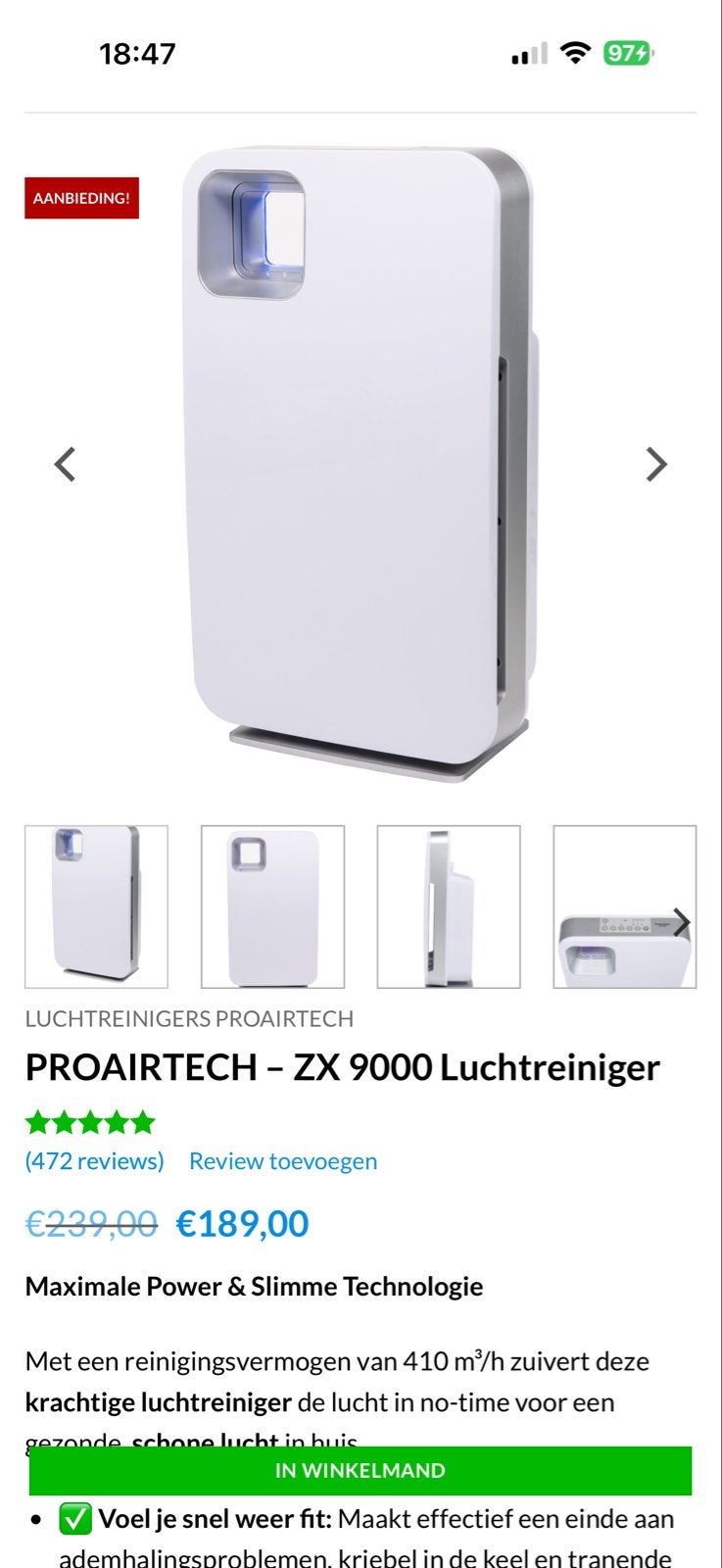PROAIRTECH - ZX 9000 Luchtreiniger met HEPA H13 filter, Ophalen, Zo goed als nieuw, Luchtreiniger
