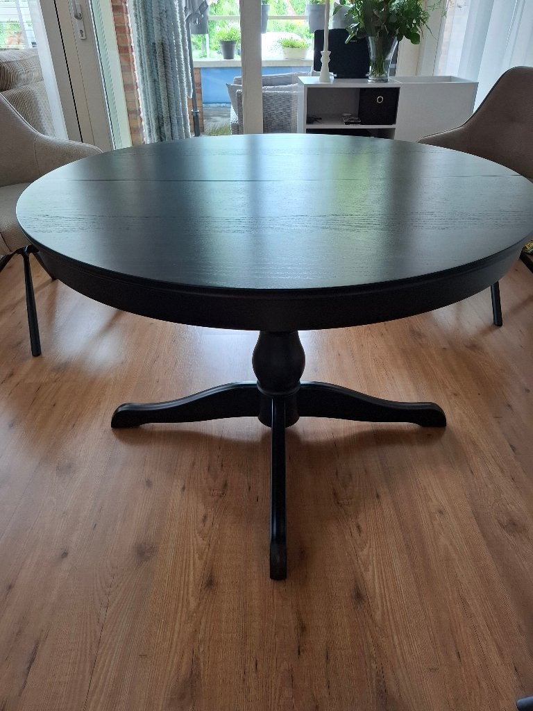 Eettafel uitschuifbaar zwart, Ophalen, 100 tot 150 cm, Rond, Zo goed als nieuw