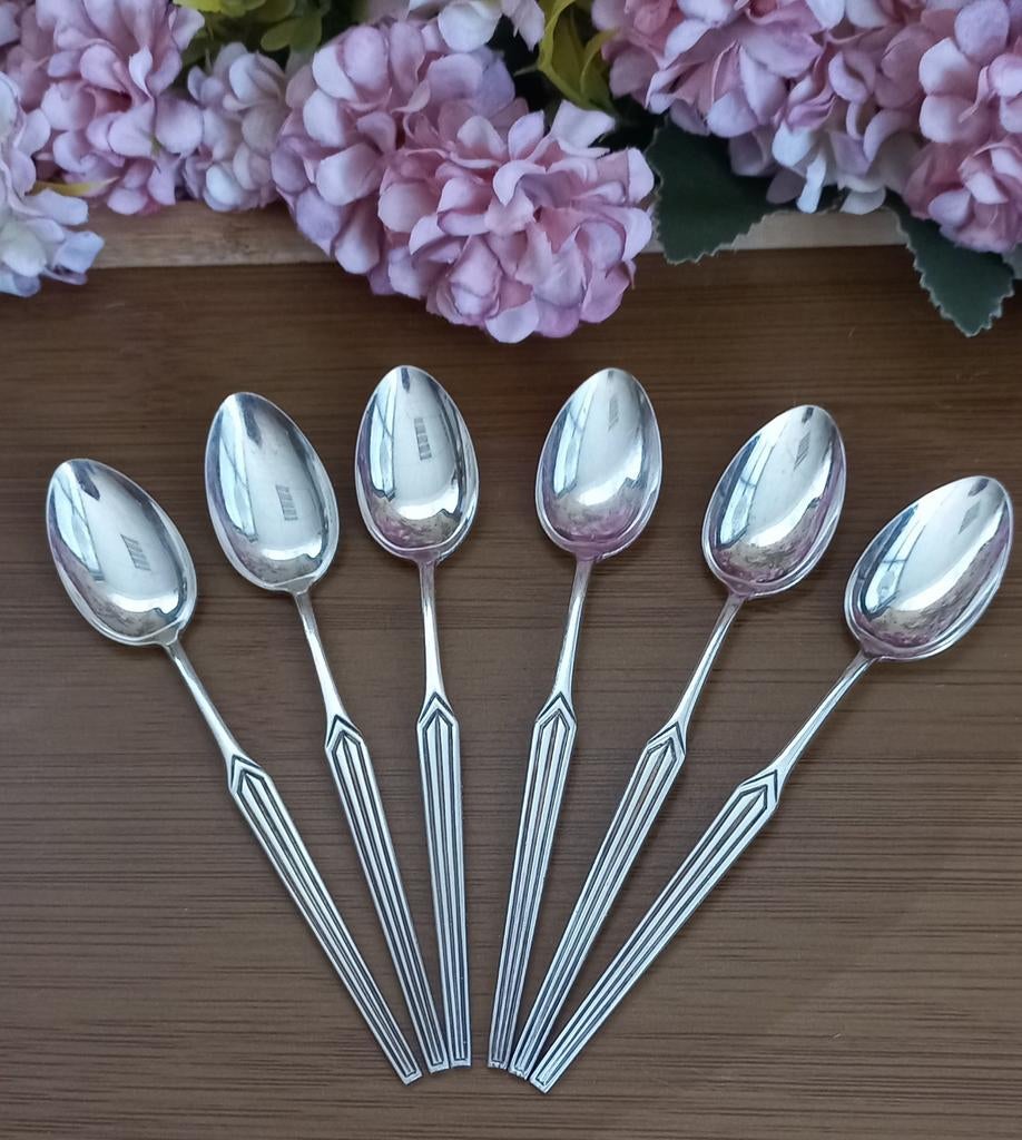 Set van 6 verzilverde theelepeltjes, streep/pijl motief, Antiek en Kunst, Curiosa en Brocante, Ophalen of Verzenden
