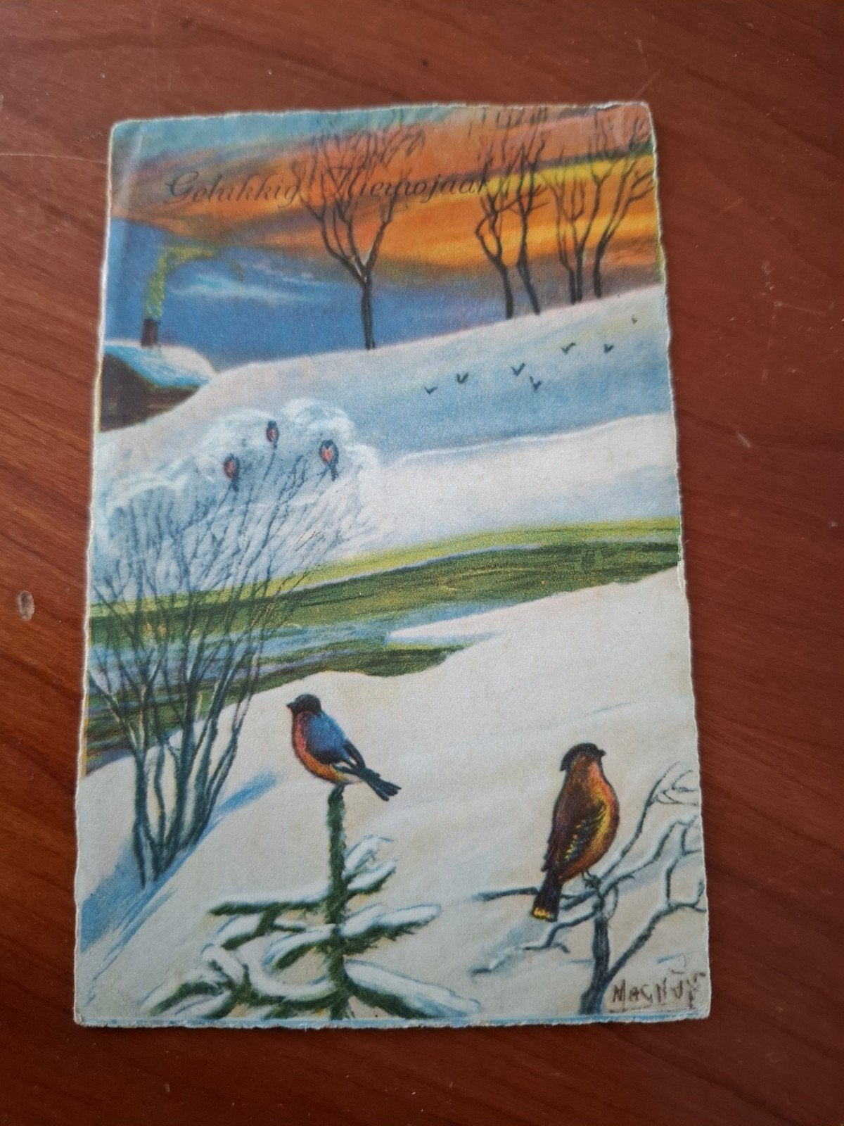 Oude Nieuwjaarskaart met vogels en sneeuw, Ophalen of Verzenden, Voor 1920, Gelopen, Natuur