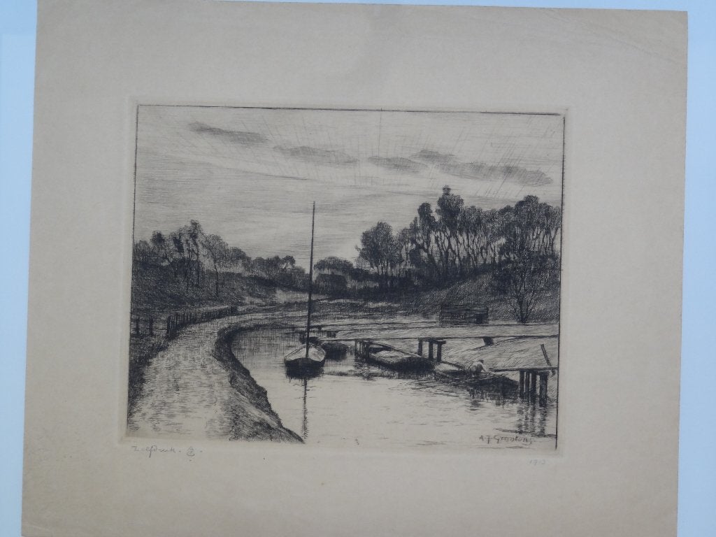 Ets beek met boten en dijk, A.J. Grootens, 1913, Antiek en Kunst, Landschap, Origineel, 1900 - 1949, Verzenden