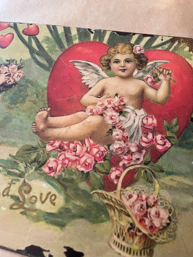 Valentine Engelen Plaat met Hart en Bloemen, Ophalen of Verzenden