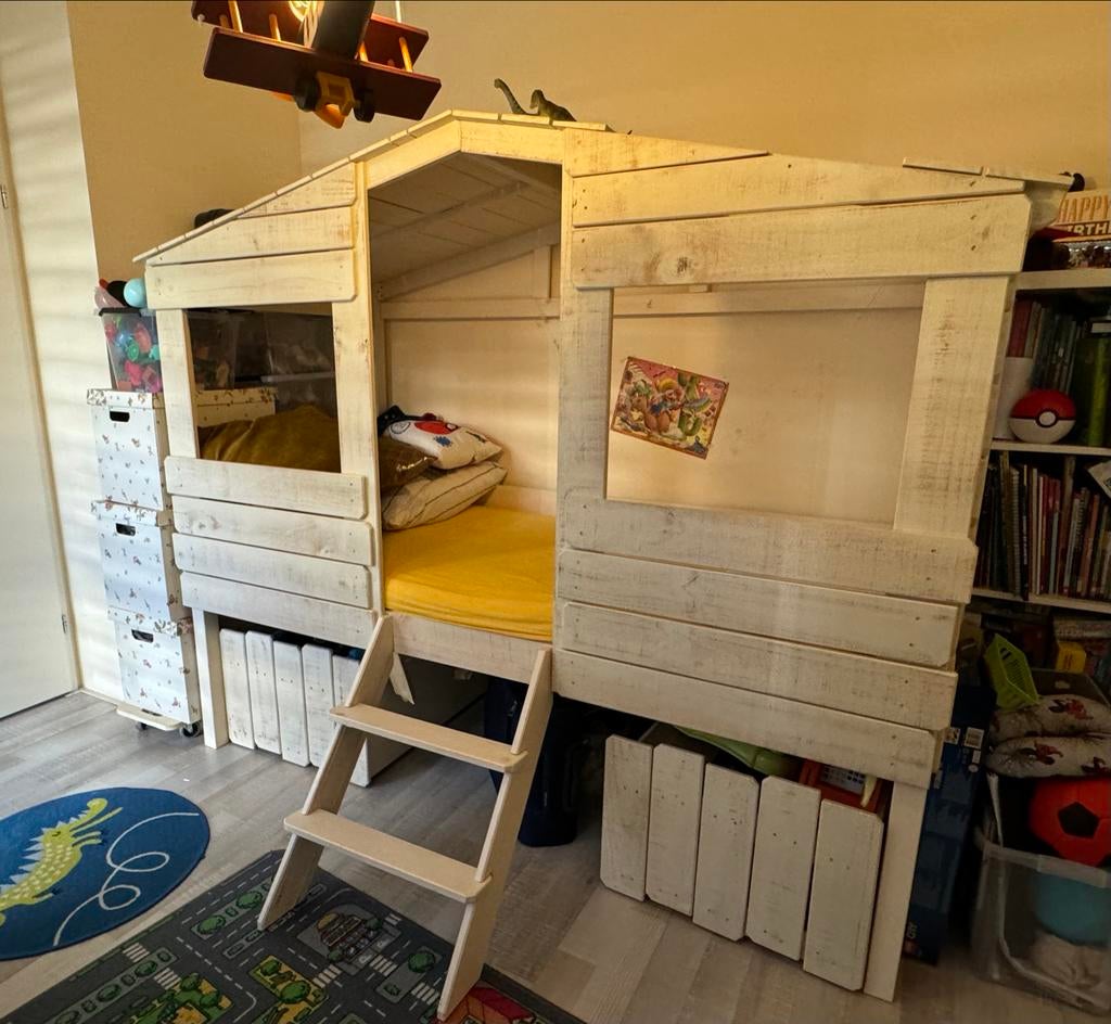 Gafe boomhut bed zo goed als nieuw met opberglades, Ophalen, 85 tot 100 cm, Zo goed als nieuw, Hoogslaper of Stapelbed
