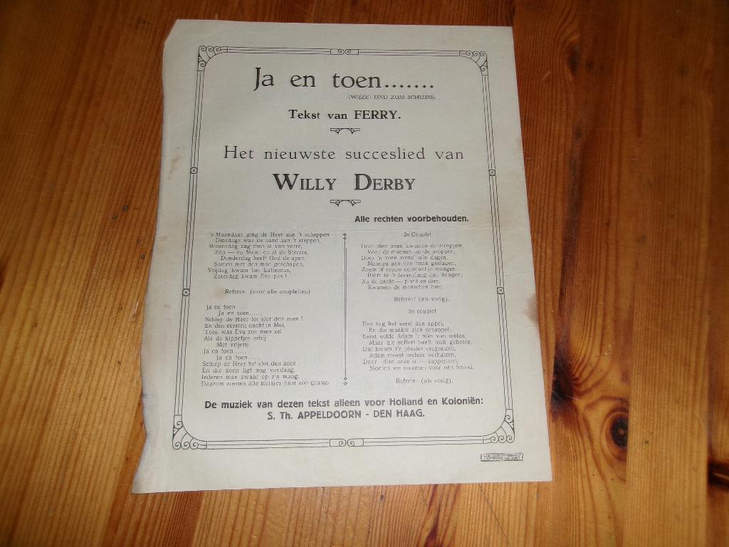 Willy derby / ferry - ja en toen... - Tekstblad, Ophalen of Verzenden, Gebruikt, Overige typen