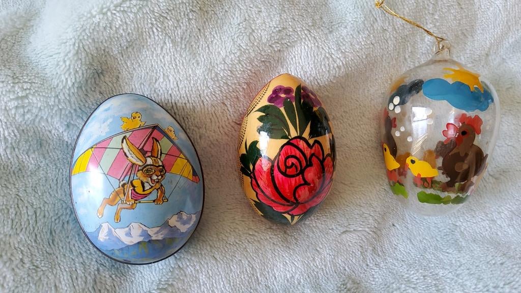 Vintage glazen blikken paasei houten ei kuiken paashaas kip, Ophalen of Verzenden