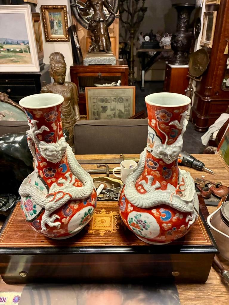 Exclusief!! Koppel Japans Imari porseleinen, Draken vazen., Ophalen of Verzenden