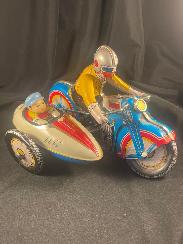 Blikken motorfiets met zijspan. Vintage., Antiek en Kunst, Antiek | Speelgoed, Ophalen of Verzenden
