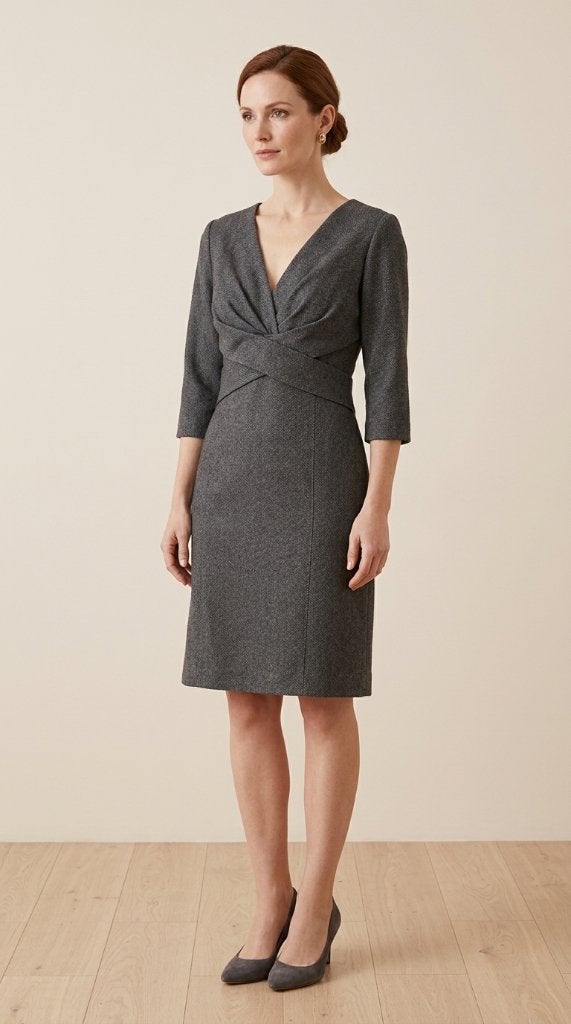Natan donkergrijze wollen jurk V-hals tailored dress, Maat 38/40 (M), Verzenden, Zo goed als nieuw, Knielengte