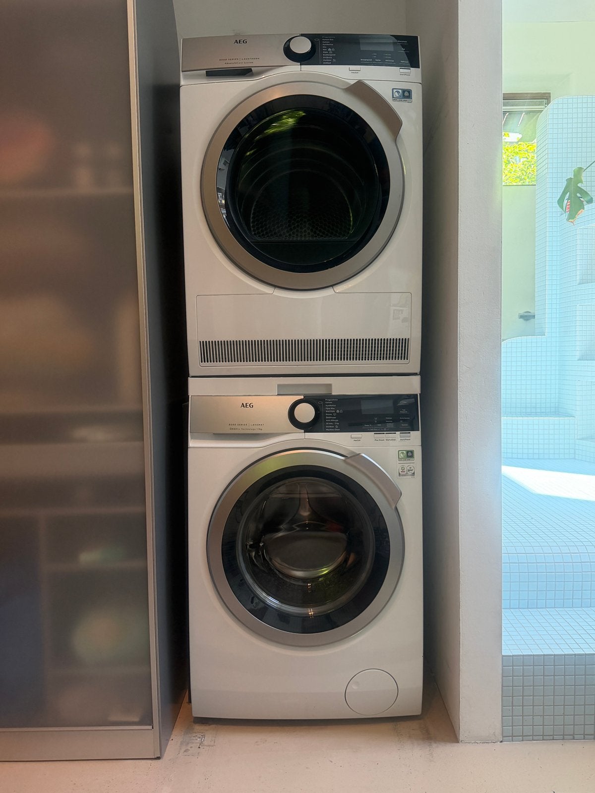 AEG Wasmachine + Warmtepompdroger set, Witgoed en Apparatuur, Wasmachines, Ophalen, 6 tot 8 kg, 85 tot 90 cm, 1600 toeren of meer