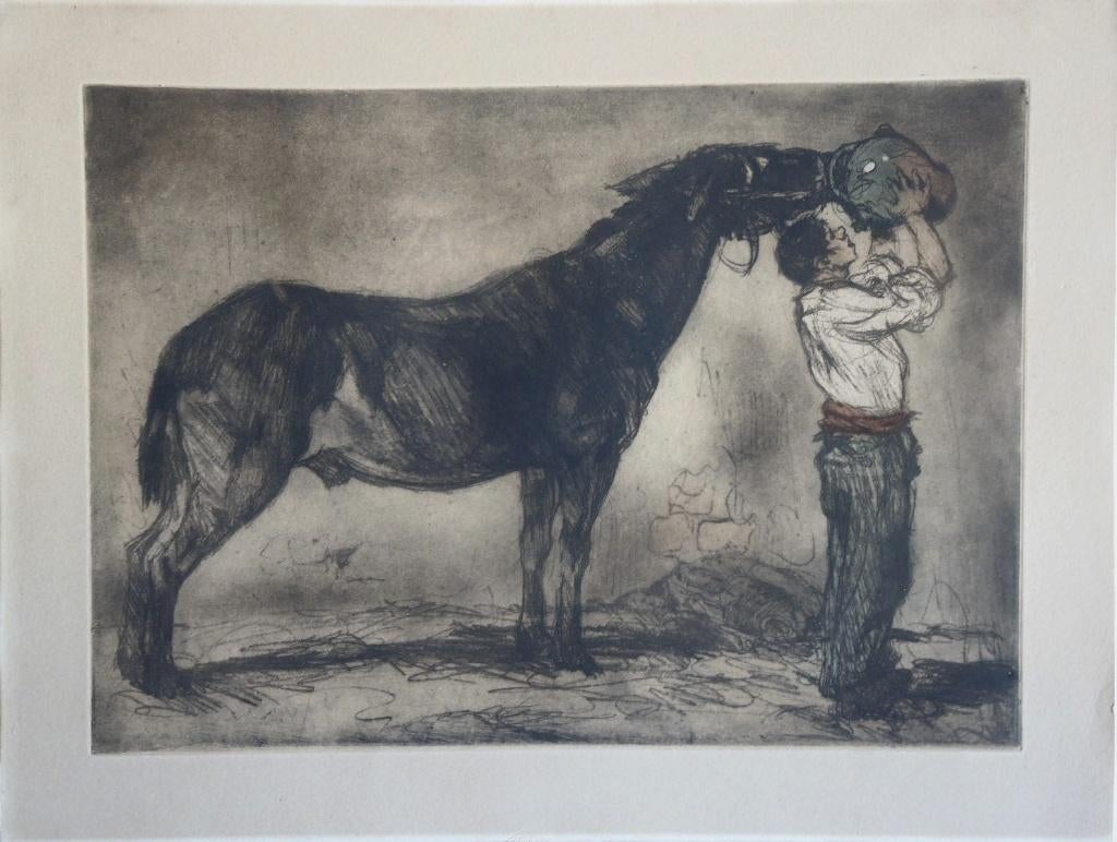 Willem van Leusden aquatint "Man Geeft Paard te Drinken", Ophalen, Minder dan 50 cm, Gebruikt, Oorspronkelijke maker