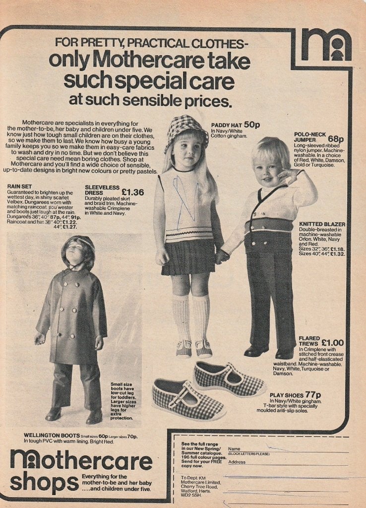 Retro reclame 1973 Mothercare kindermode jongetje meisje reg, Verzenden, Overige typen