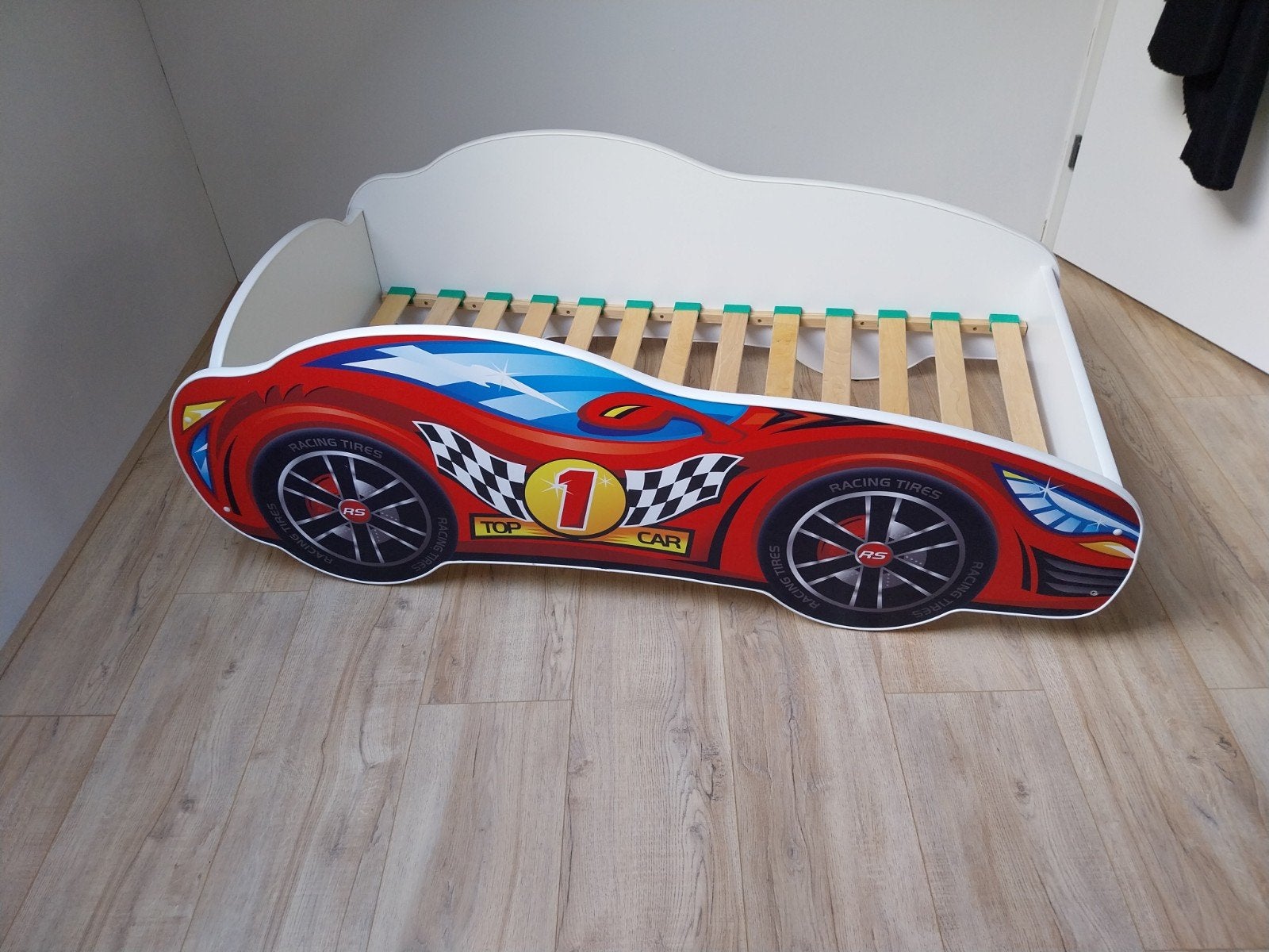 Kinderbed raceauto 140x70 met lattenbodem, Gebruikt, 70 tot 85 cm, Lattenbodem, 140 tot 160 cm
