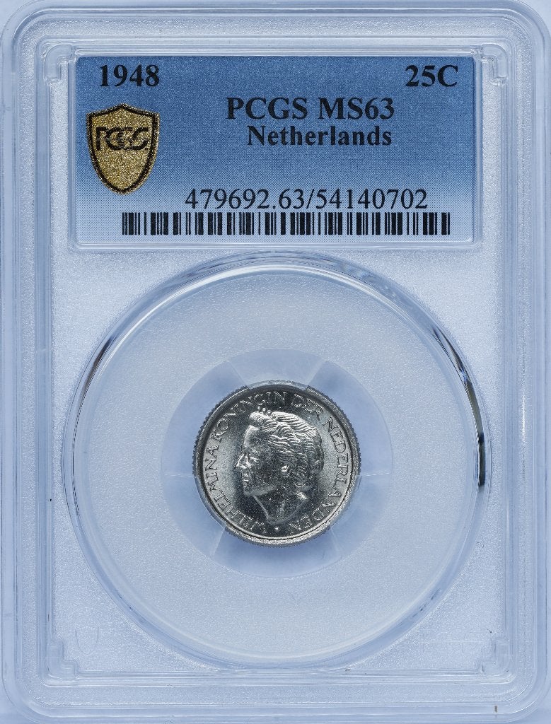 25 Cent 1948 PCGS MS63, Ophalen of Verzenden, Koningin Wilhelmina, 25 cent, Losse munt
