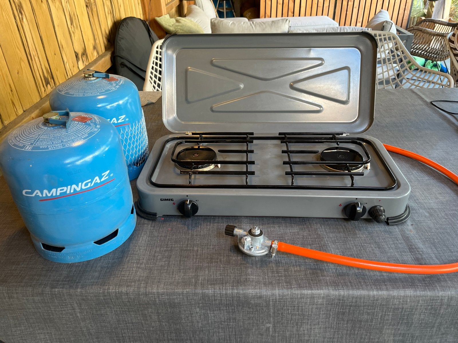 Campingaz kooktoestel met gasflessen en slang, Caravans en Kamperen, Ophalen, Gebruikt