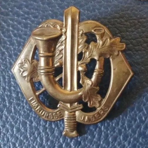 Hoornse 2e slag Baretembleem Limburgse Jagers 11 ponsgaten, Verzamelen, Verzenden, Landmacht, Nederland, Embleem of Badge