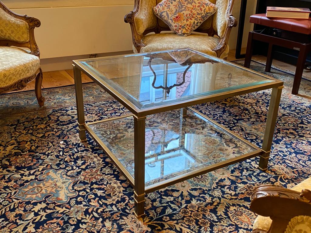 Messing glazen salontafel, Huis en Inrichting, Tafels | Salontafels, Ophalen, 50 tot 100 cm, Vierkant, 50 tot 100 cm