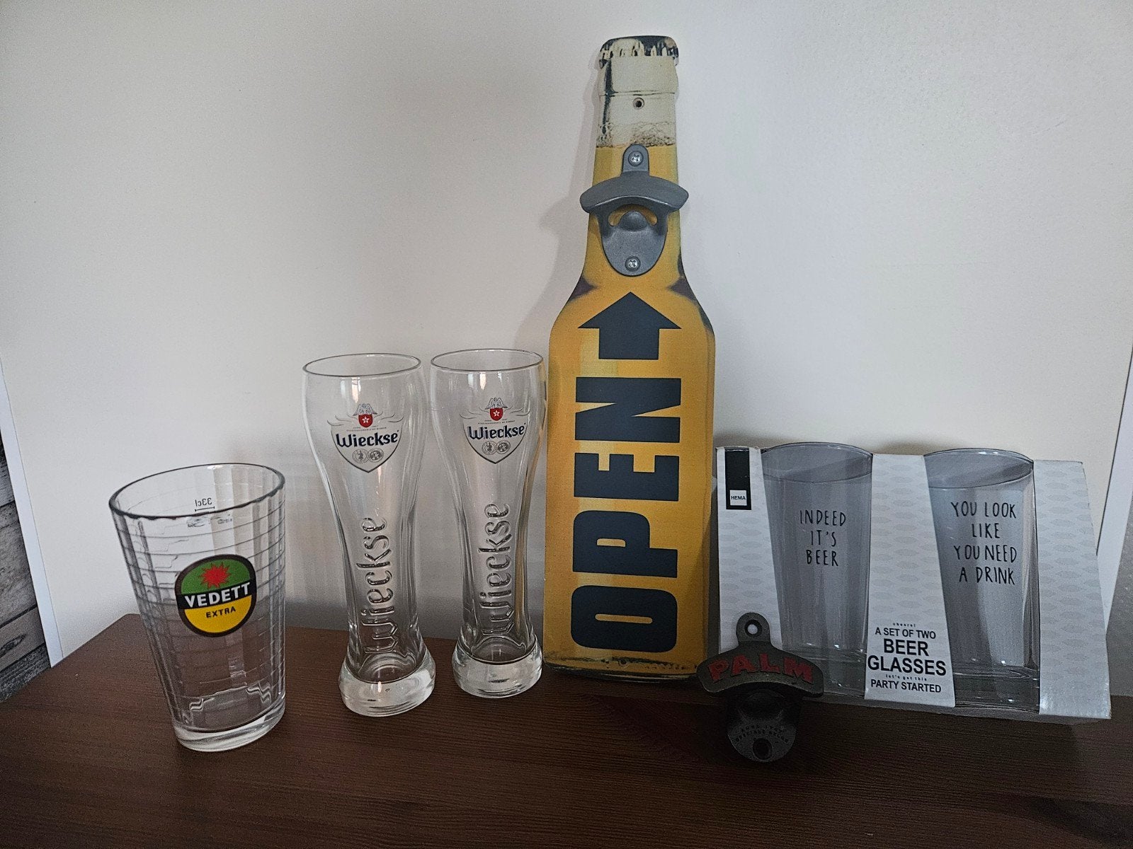Bierglazen en flesopeners: Vedett, Wieckse, Palm, Verzamelen, Ophalen of Verzenden, Zo goed als nieuw, Glas of Glazen, Palm