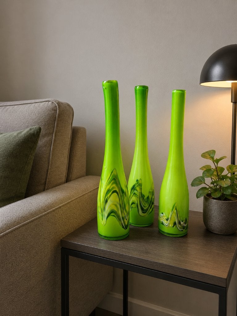 Set van 3 handgeblazen kunstglazen vazen – limegroen – 46 cm, Huis en Inrichting, Woonaccessoires | Vazen, Ophalen of Verzenden