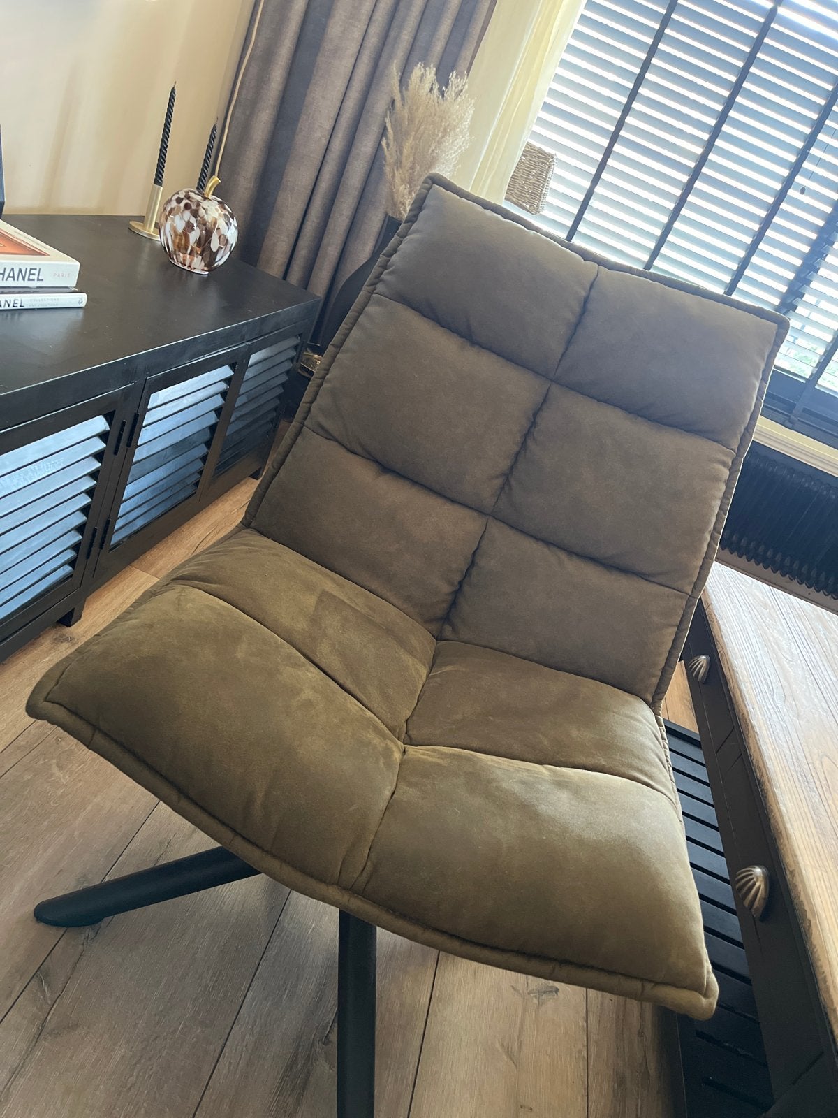 Mooie olijfgroene fauteuil, Ophalen, Gebruikt, 75 tot 100 cm, Stof