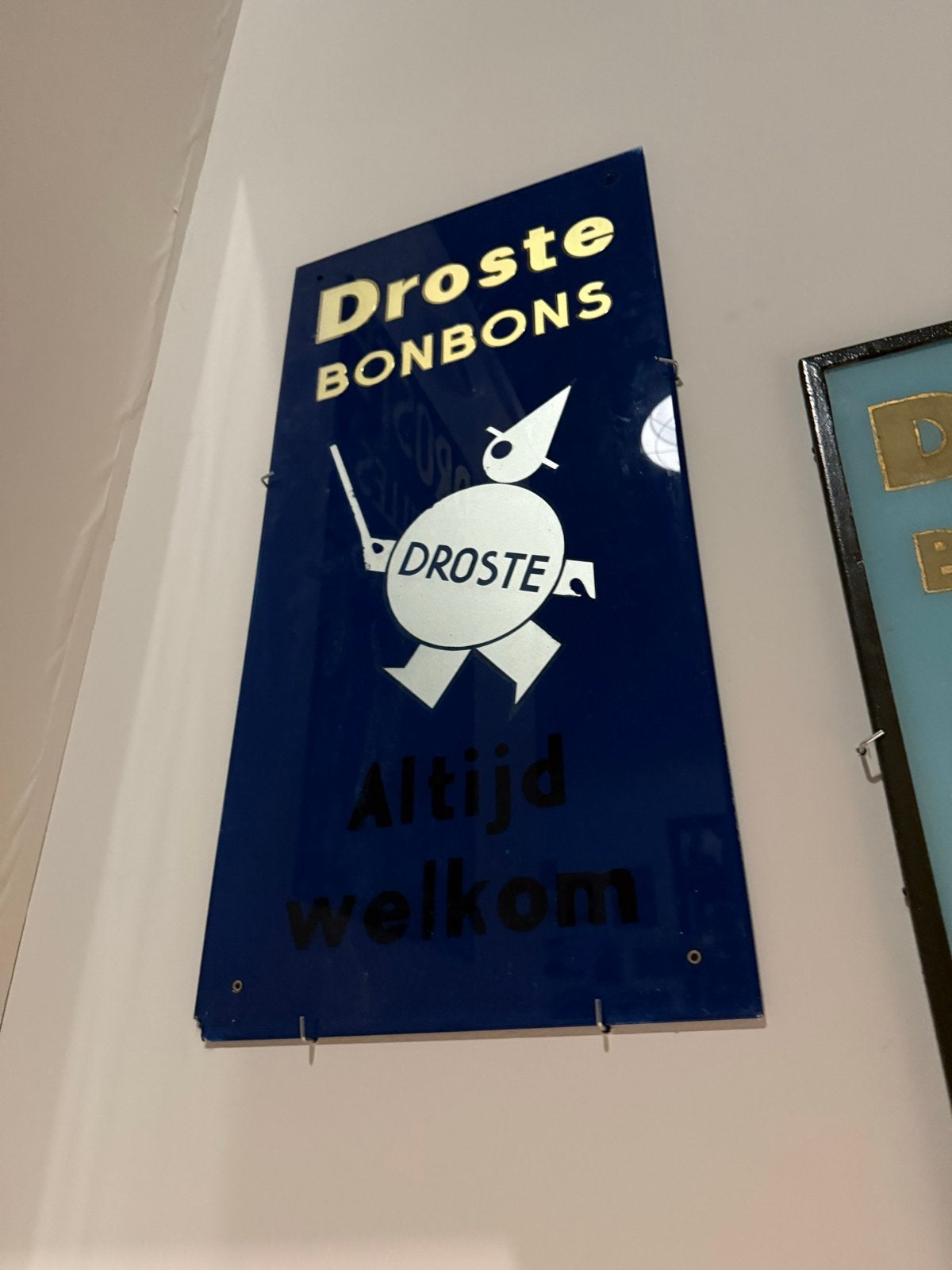Vintage Droste Bonbons glas Reclamebord - Altijd Welkom, Verzamelen, Merken en Reclamevoorwerpen, Ophalen