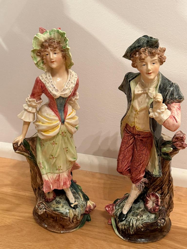 Majolica Beeldjes Stel - Man en Vrouw, 1880-1900, Ophalen