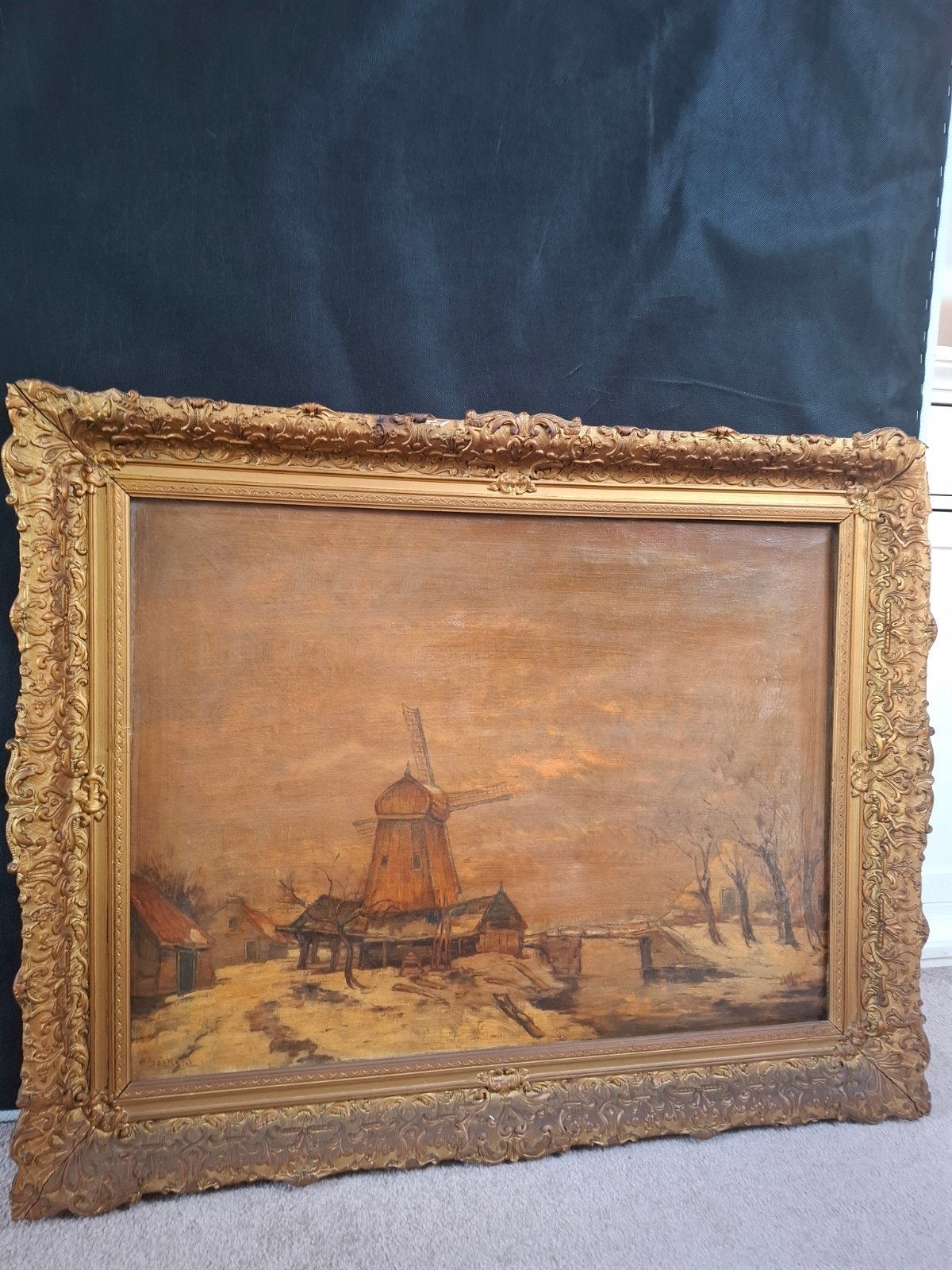 Oud Hollands Landschap met Molen - Olieverf op linnen Doek, Ophalen