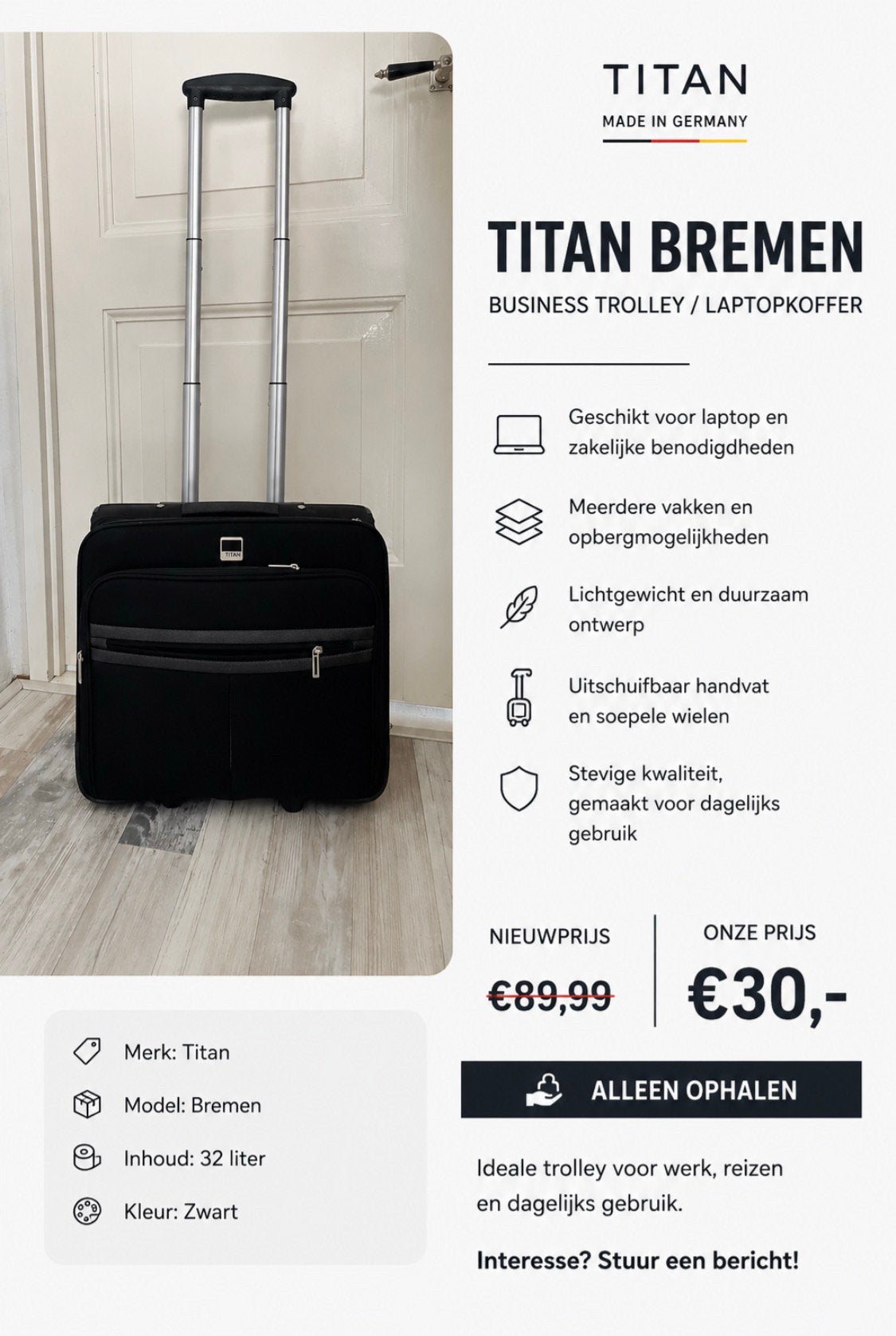 Titan Bremen Business  Laptopkoffer op wielen – Nu €30, Minder dan 50 cm, Zo goed als nieuw, Zacht kunststof, 35 tot 45 cm