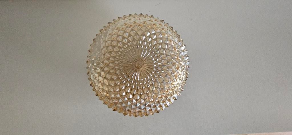 Vintage Plafonnière met bewerkt Glas - Warme Sfeer, Ophalen of Verzenden