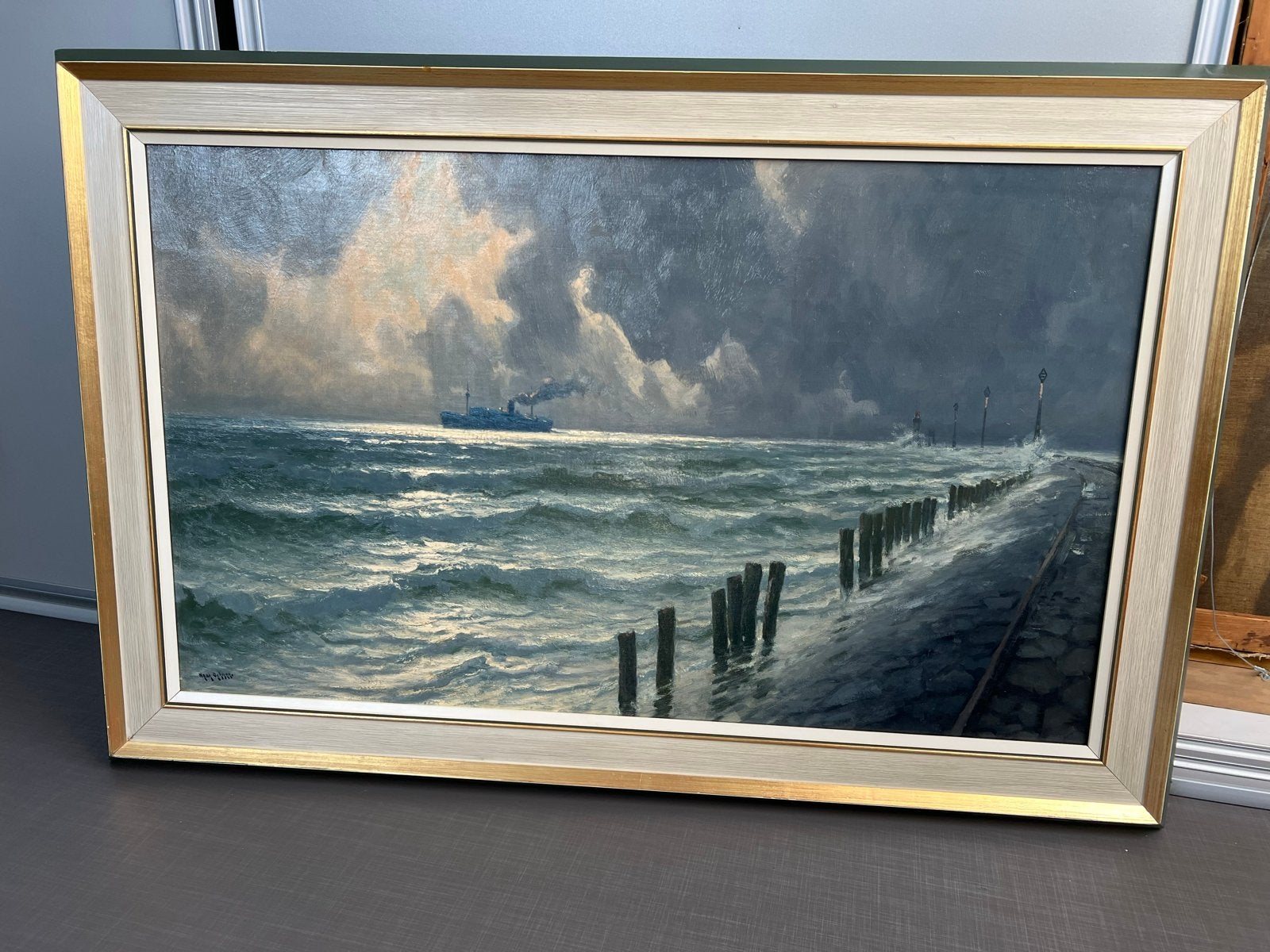 Henk Dekker - Nieuwe Waterweg bij Hoek van Holland, Maritiem / water, Doek, Realistisch, Ophalen of Verzenden