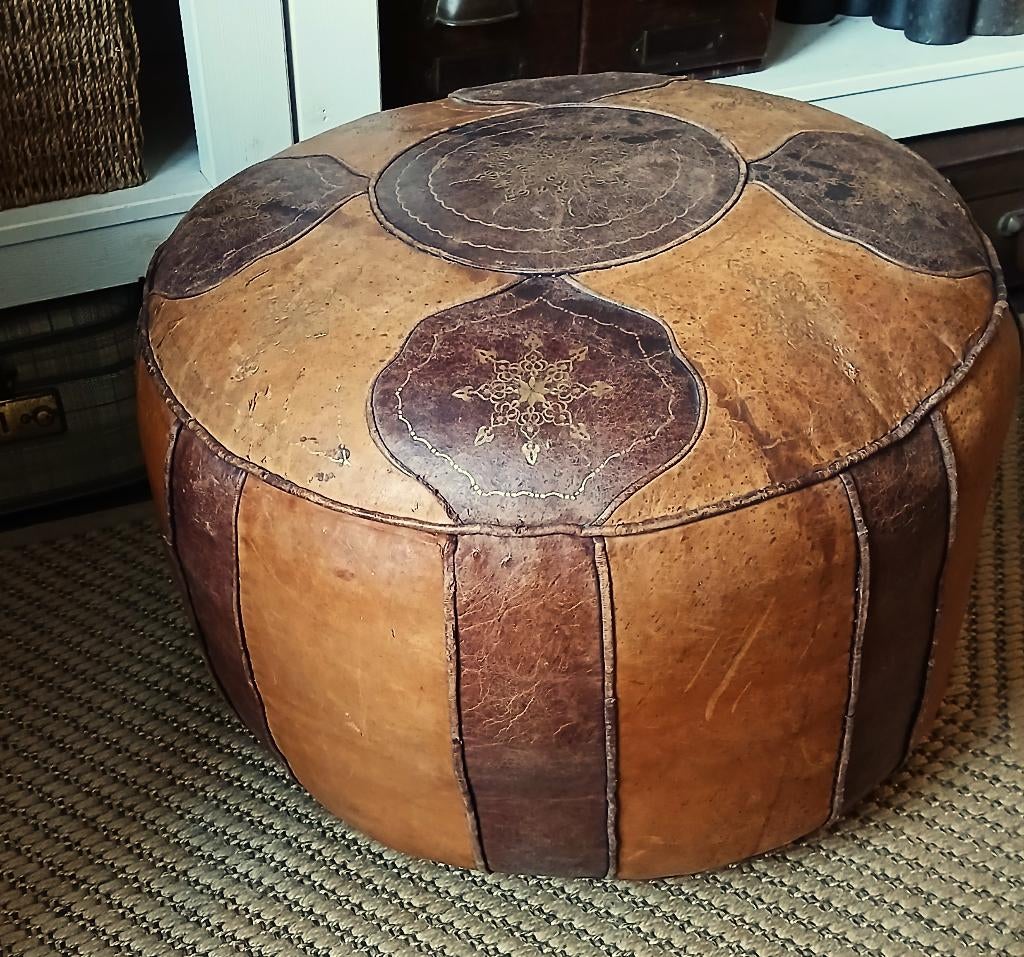 Poef leer oosters diameter 50 cm tunesie vintage, Ophalen, Huis en Inrichting