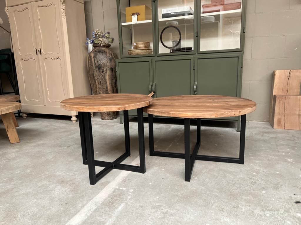 Set salontafel stalen frame gecoat oud hout vlad notenkleur, Huis en Inrichting, Rond, Nieuw, Minder dan 50 cm, 50 tot 100 cm