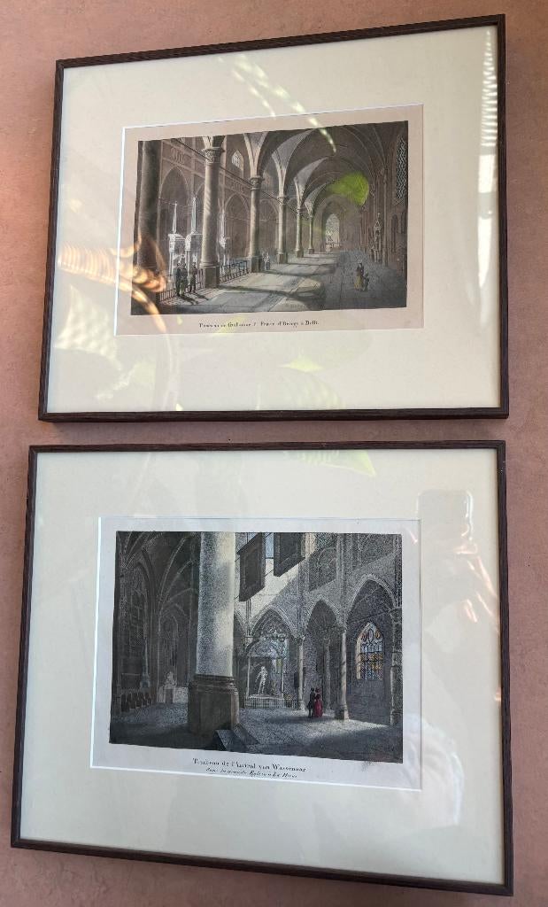 Twee fraaie gravures van kerkinterieurs en praalgraven, Antiek en Kunst, Ophalen of Verzenden