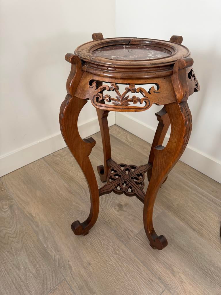 Antieke houten statafel met marmeren blad, Ophalen, Minder dan 55 cm, Gebruikt, Rond