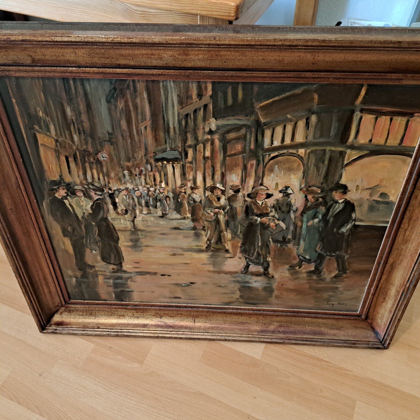 Schilderij: Drukke stadsstraat met figuren, Ophalen of Verzenden