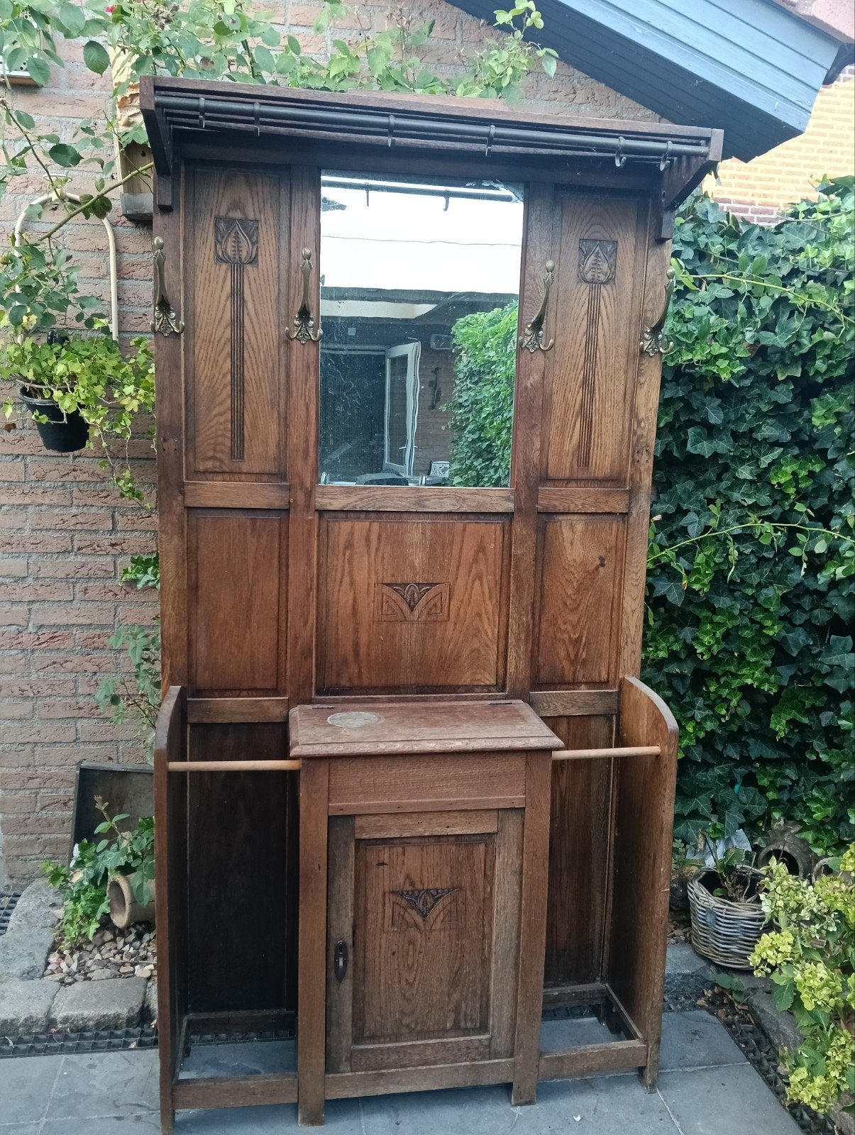 Antieke houten kapstok met spiegel en opbergruimte, Ophalen, Gebruikt, Staande kapstok, 150 tot 200 cm