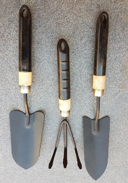 3 dl. Tuin set zwart met houten grepen, Tuin en Terras, Ophalen of Verzenden, Zo goed als nieuw, Vork, Overige merken