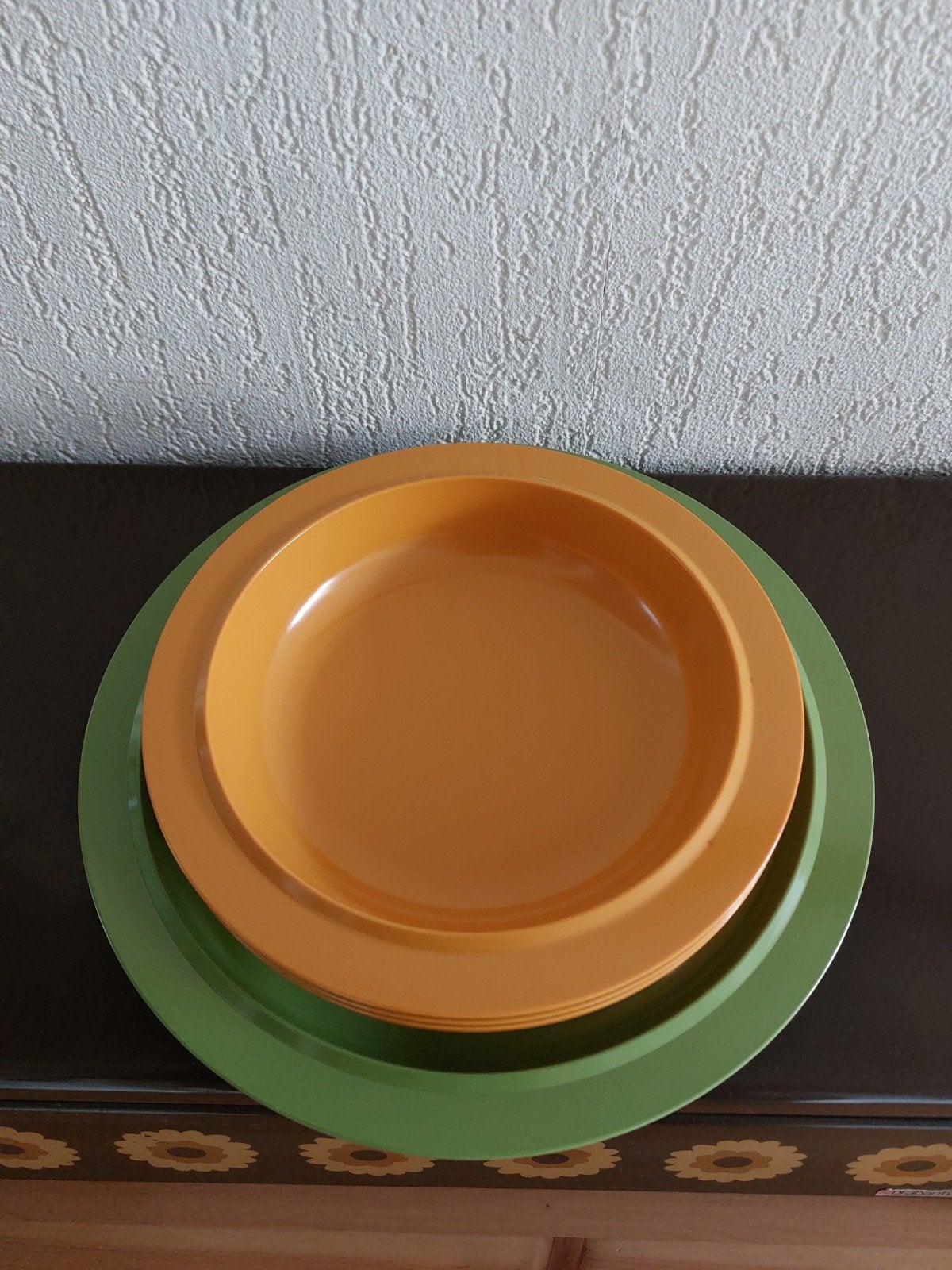 Vintage retro Mepal borden okergeel groen zgan, Ophalen of Verzenden, Zo goed als nieuw