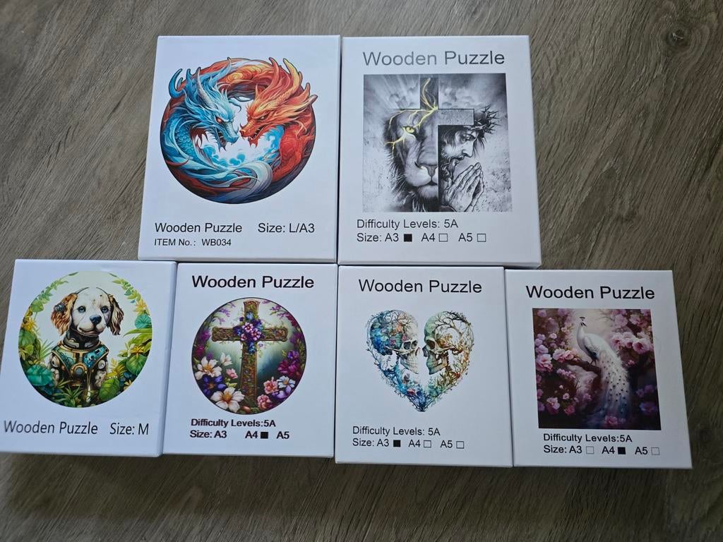 Mooie set van 6 houten jigsaw puzzels wood in één koop, Ophalen of Verzenden, Minder dan 500 stukjes, Zo goed als nieuw, Legpuzzel