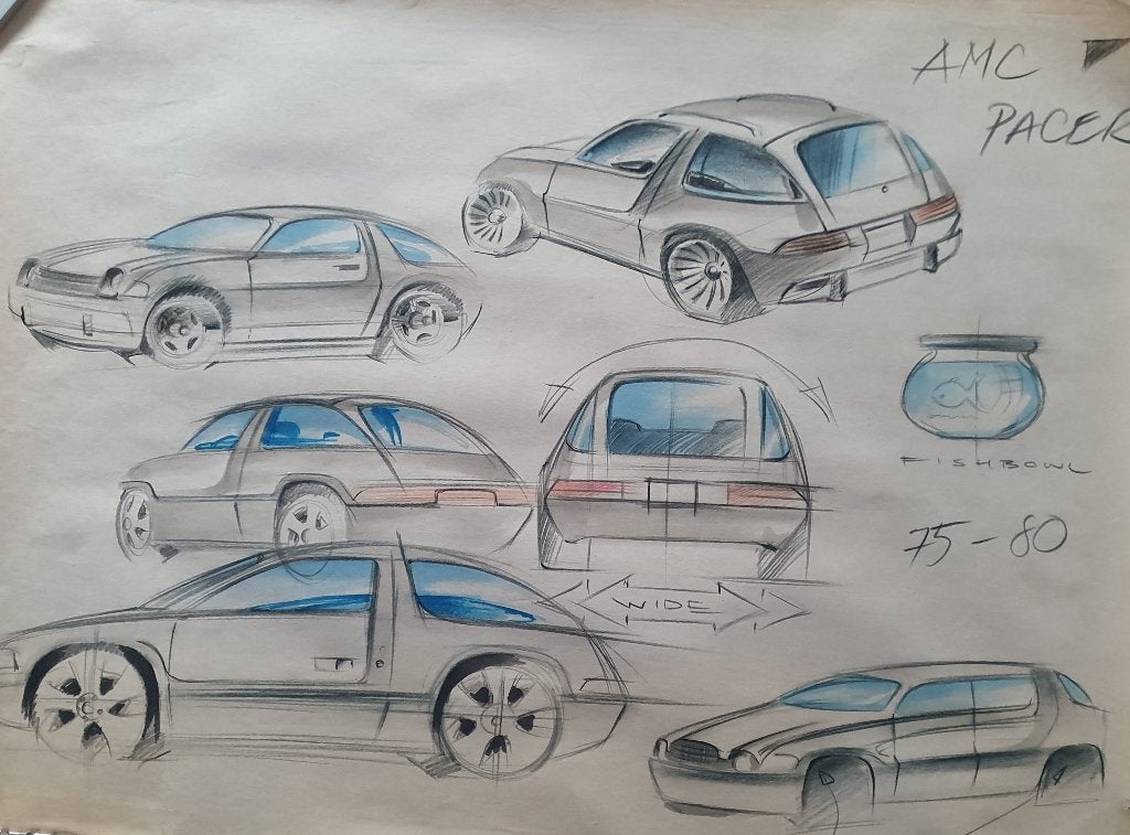Originele AMC Pacer schets - Uniek auto design kunstwerk, Gebruikt, Verzenden, Deurposter of groter, Rechthoekig Liggend
