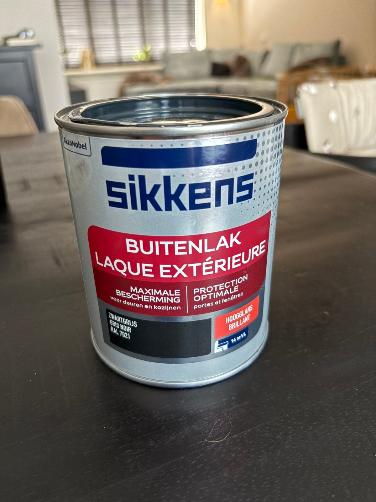 Sikkens buitenlak RAL 7021 hoogglans | 70% inhoud, Doe-het-zelf en Verbouw, Verf, Beits en Lak, Gebruikt, Ophalen of Verzenden