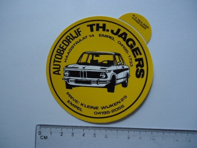 sticker oud BMW auto oldtimer Empel TH JAGERS garage retro, Verzamelen, Stickers, Verzenden, Zo goed als nieuw, Bedrijf of Vereniging