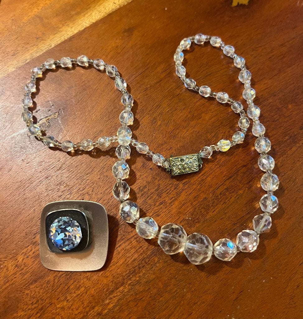 Vintage antiek kristal aurora borealis ketting strass broche, Ophalen of Verzenden, Overige materialen, Overige typen