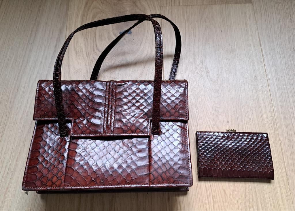 Vintage Handtas met Portemonnee - Slangenleer Look, Ophalen of Verzenden, Handtas