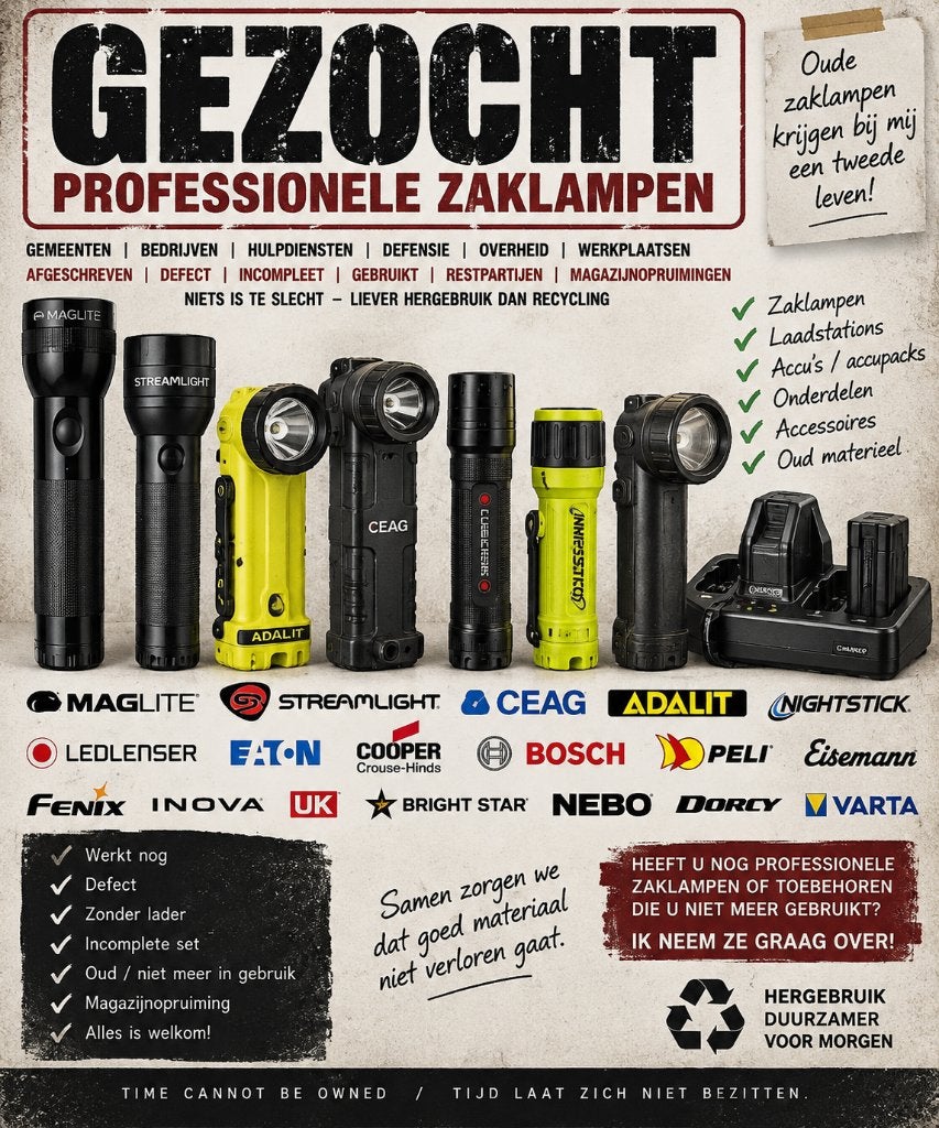 GEZOCHT: oude professionele zaklampen, laders en onderdelen, Ophalen of Verzenden, Batterij