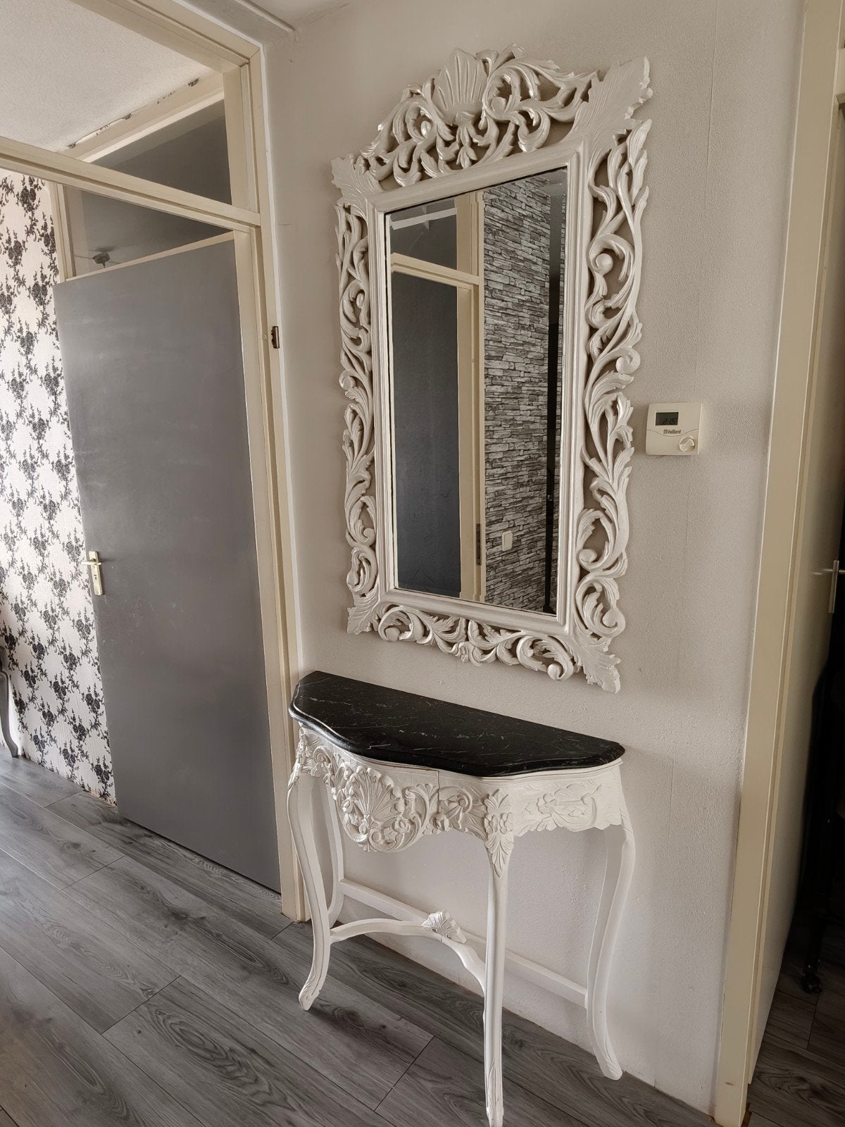 Barok spiegel en console tafel set - Wit met marmer, Ophalen, Zo goed als nieuw, 75 tot 100 cm, Minder dan 100 cm