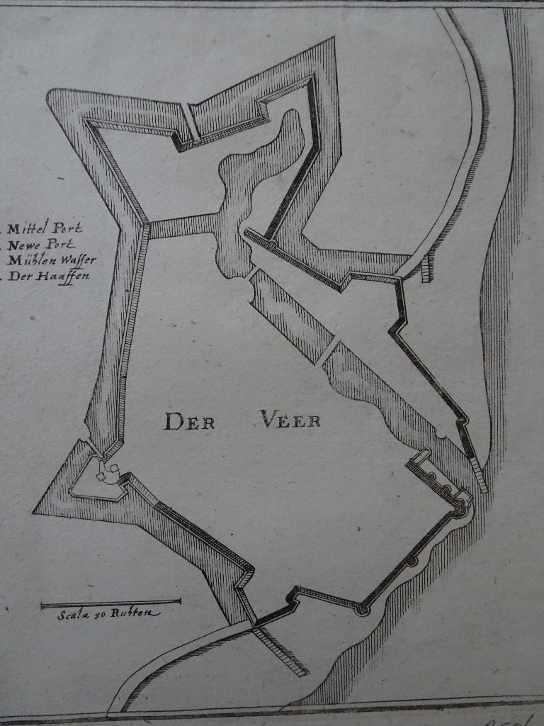 Gravure plattegrond Veere, Zeeland, Caspar Merian 1659, Antiek en Kunst, Kunst | Etsen en Gravures, Verzenden, Cartografie, 1600 - 1699