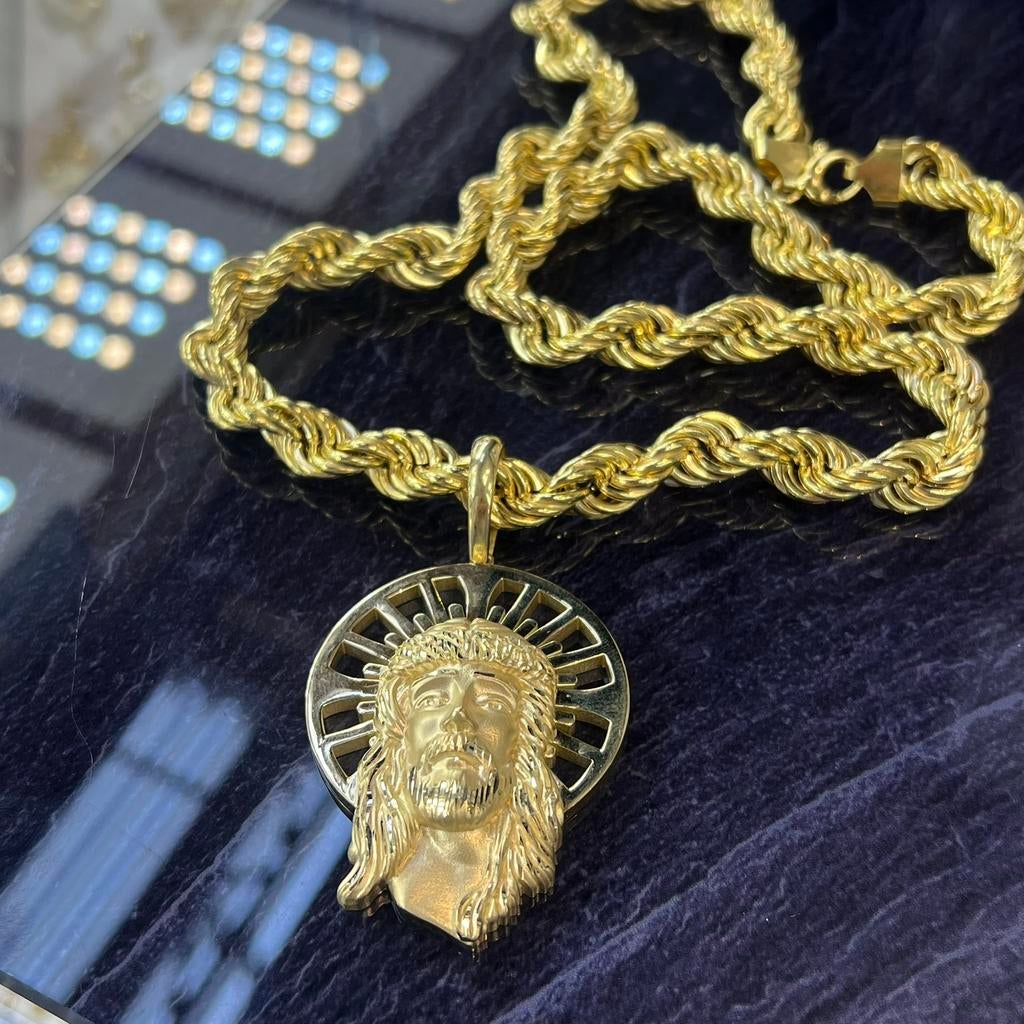 14k gouden rope chain ketting met jezus kettinghanger kruis, Ophalen of Verzenden, Nieuw, Goud