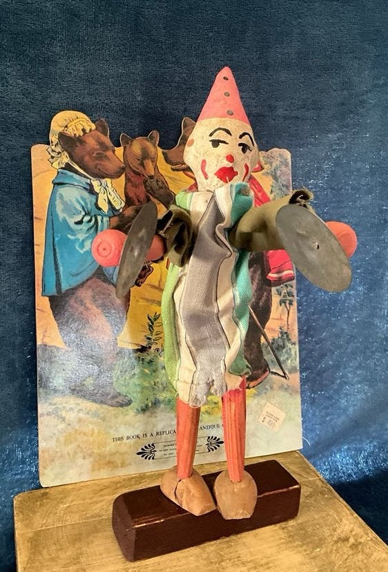 Antiek Clowntje met Bekken - Papier-maché Hoofd, Ophalen of Verzenden